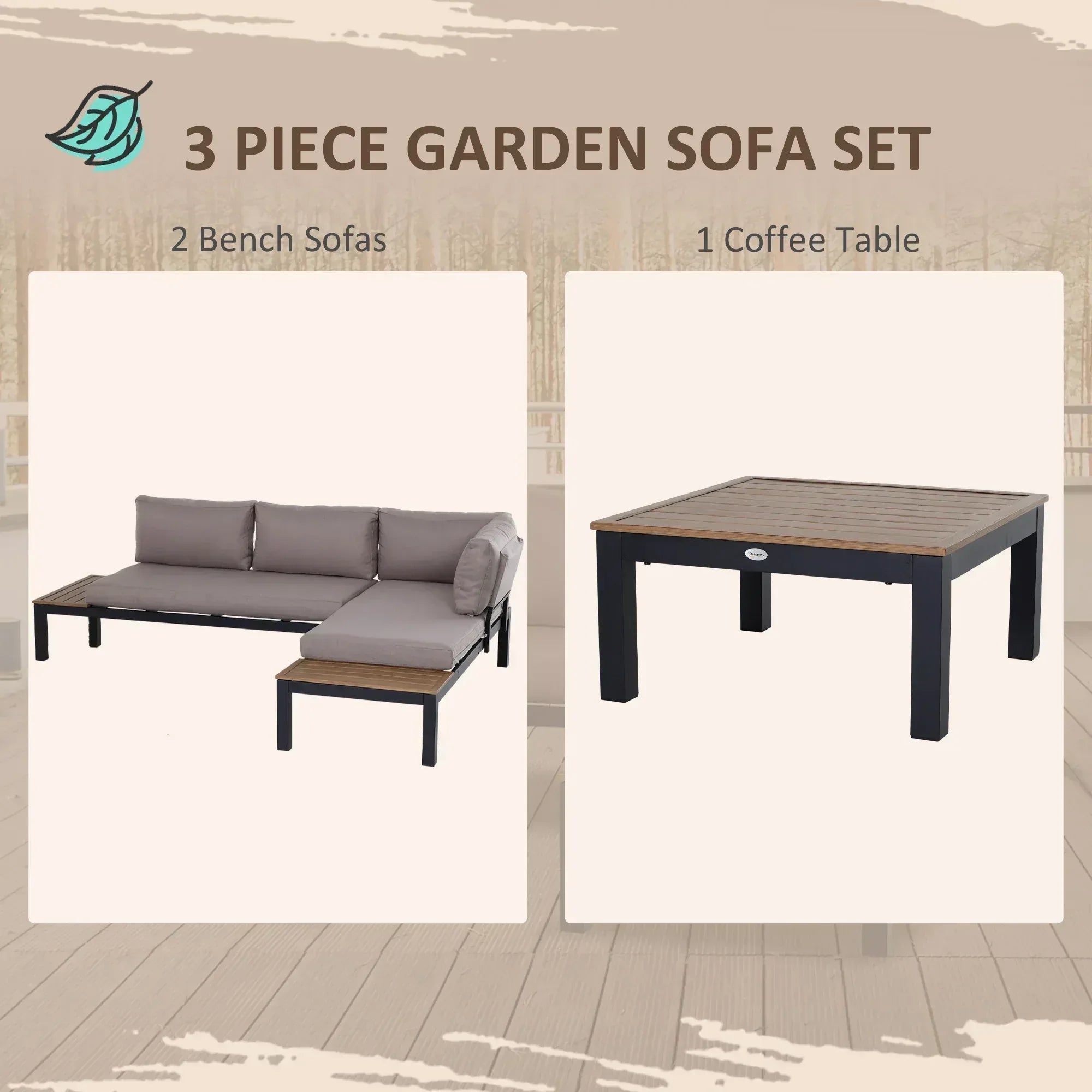 3 Pieces Garden Furniture Set, Aluminium 4 Seater Corner Sofa Set with 2 Loveseats, Coffee Table and Side Trays, Outdoor Conversation Furniture with Cushions for Garden, Black - Bobobiy