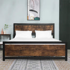Metal bed frame with headboard and footboard, brown panel center and grey outer rails