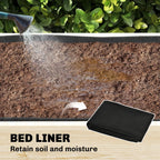 Raised planter base with bed liner panel and top soil layer