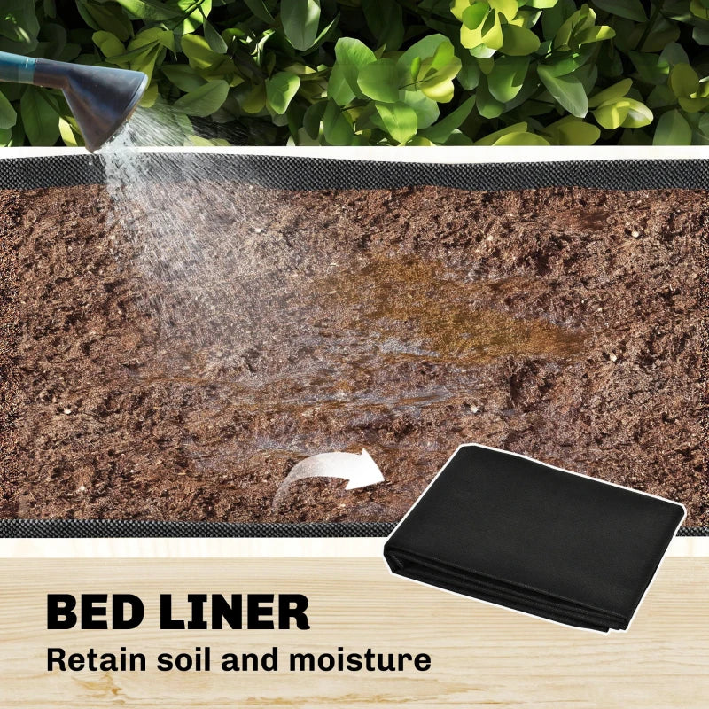 Raised planter base with bed liner panel and top soil layer