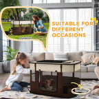 Brown foldable dog playpen with mesh panels and zippered door openings for home use