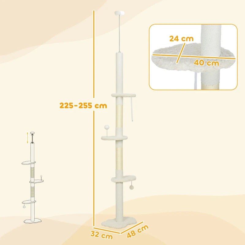 Tall beige adjustable cat climbing tower with sisal posts, multiple platforms, and 2 hanging balls