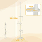 Tall beige adjustable cat climbing tower with sisal posts, multiple platforms, and 2 hanging balls