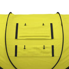 Close-up of yellow tent side window flap with black trim and rectangular mesh opening.
