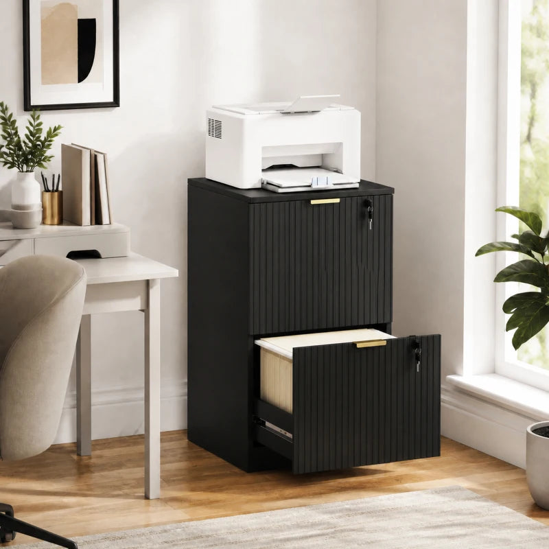 Black fluted vertical file cabinet with top compartment and lower lockable drawer