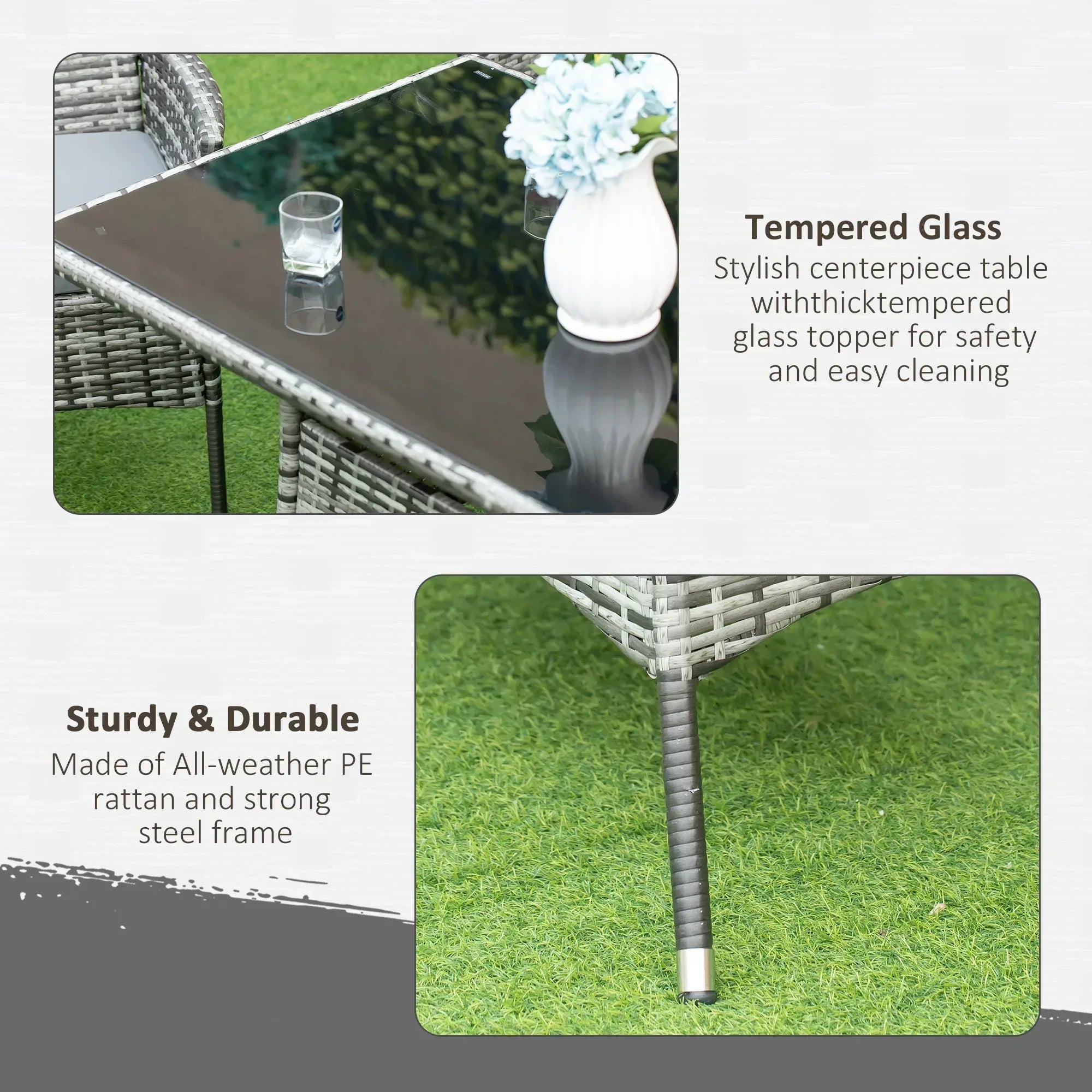 7-Piece Rattan Garden Furniture Set with Cushions, 6 Seater Garden Table and Chairs, Rattan Dining Set with 6 Armchairs, Rectangular Glass Top Table, Grey - Bobobiy