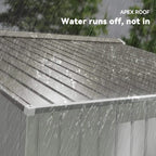 Silver metal shed roof showing rain runoff edge and drainage channels