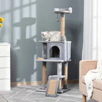 Grey cat tree tower with hanging ball toy, cushioned perch, and kitten in cubby house