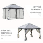 Grey metal gazebo canopy with netting sidewalls and adjustable open front