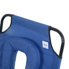 Blue sun lounger head cushion with rounded face-hole opening and black armrests