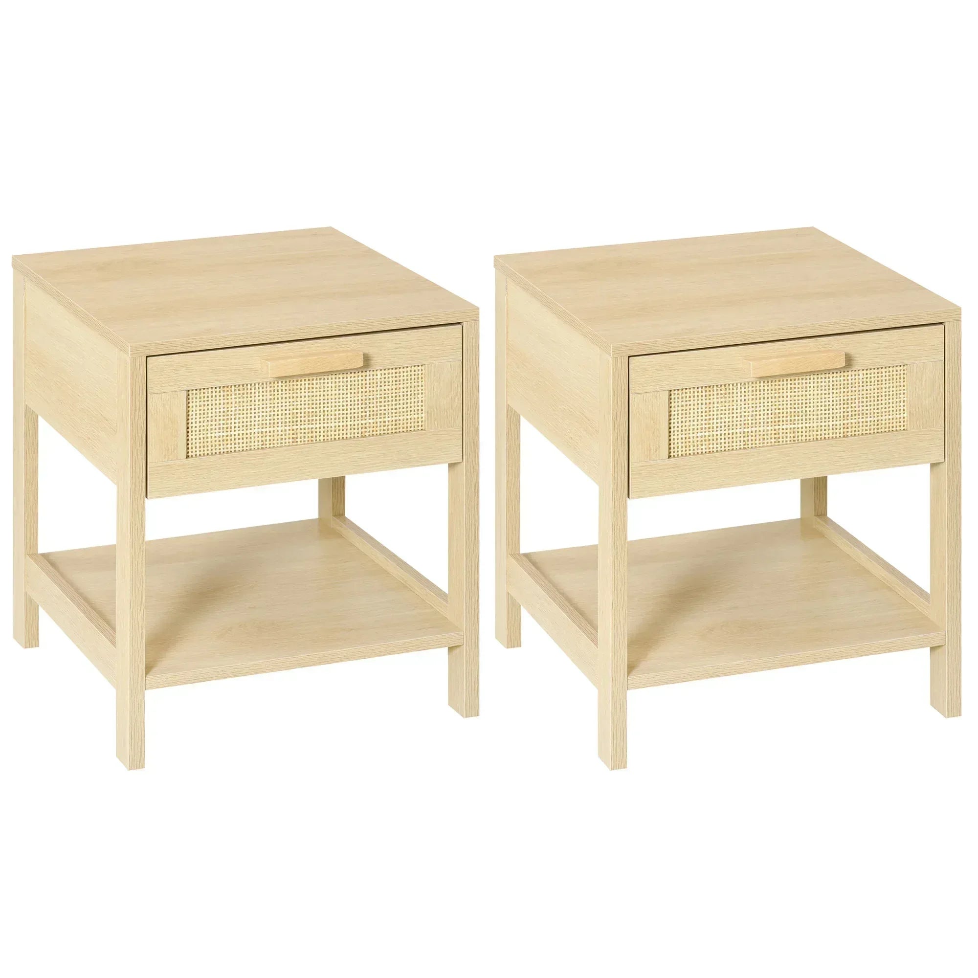 Bedside Table, Nightstand with Rattan Drawer and Storage Open Shelf, Farmhouse Side Table for Bedroom, Living Room, Set of 2 - Bobobiy