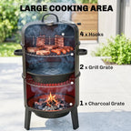 Vertical smoker with interior cooking grates, firebox below, and hinged lid