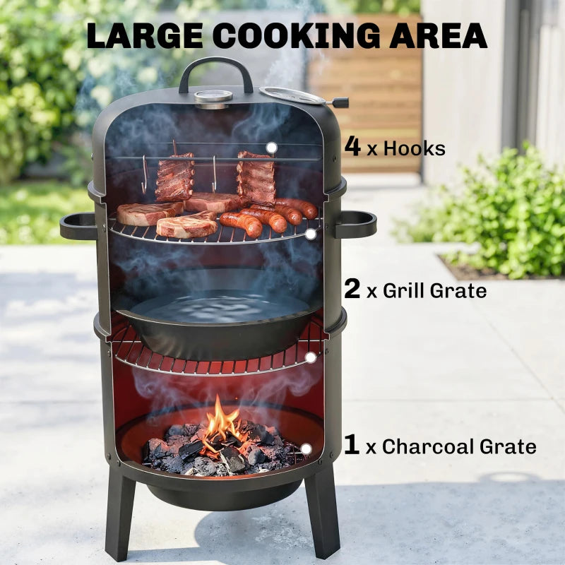 Vertical smoker with interior cooking grates, firebox below, and hinged lid