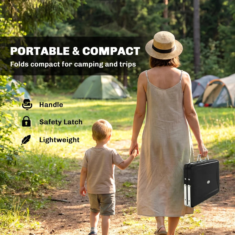 Portable charcoal grill with handle, carried in black case; compact folded design