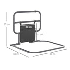 Black folding bed rail with front storage pocket, upright frame and base bar supports.