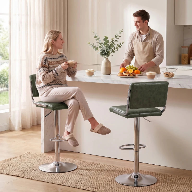 Green PU leather bar stool pair with backrests, chrome bases and footrests