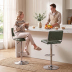 Green PU leather bar stool pair with backrests, chrome bases and footrests