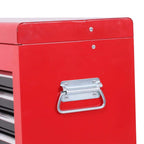 Red metal tool chest with front latch handle and keyhole on top panel