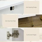 White sideboard cabinet hardware details: anti-tip design, non-slip pads, and cushioned hinges