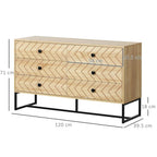 Natural 6-drawer dresser with zigzag front, black metal legs, front side view with dimensions.