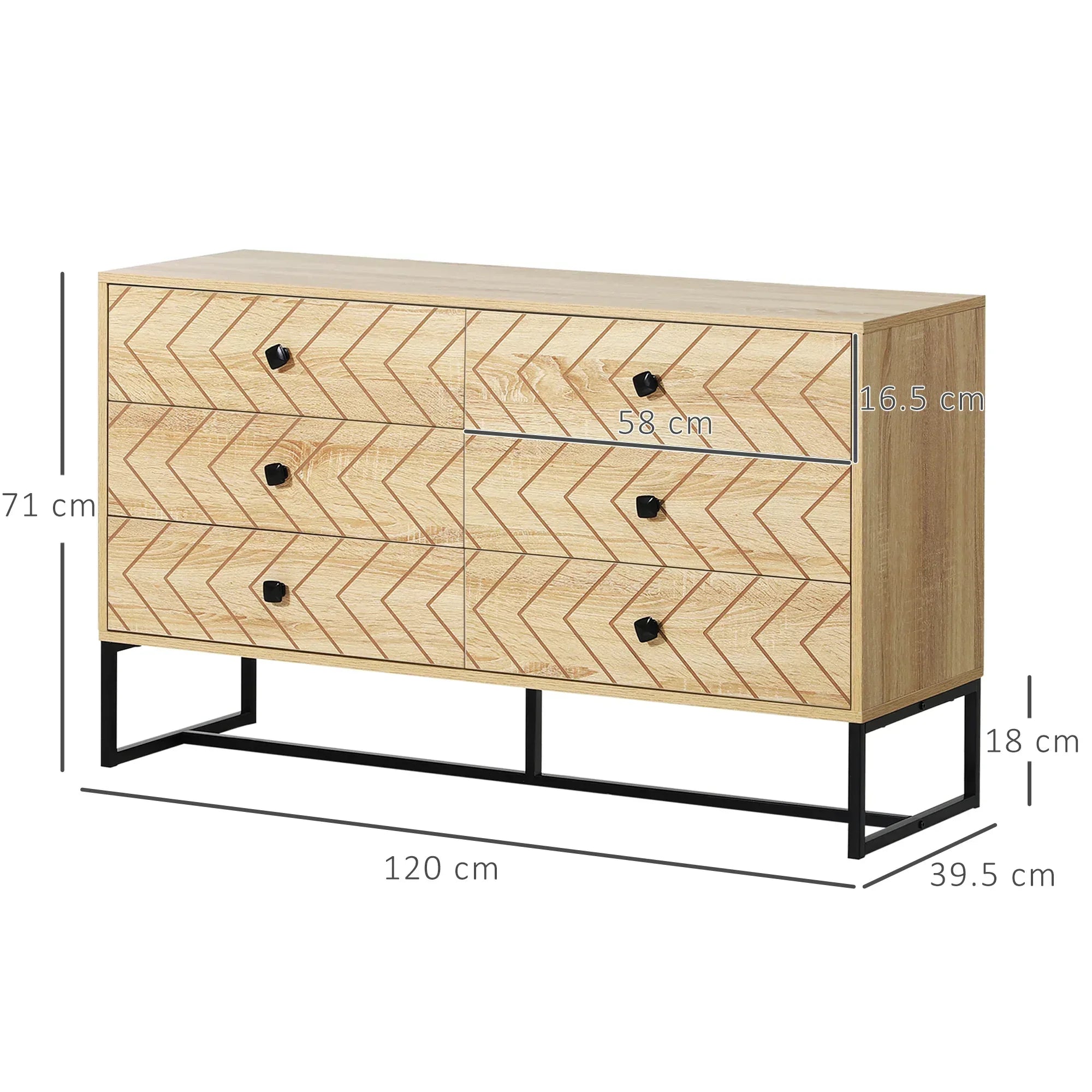 Bedroom Chest of Drawers, 6 Drawer Dresser, Sideboard Cabinet with Zigzag Design and Metal Base, Storage Drawer Unit, 120x71cm, Natural - Bobobiy