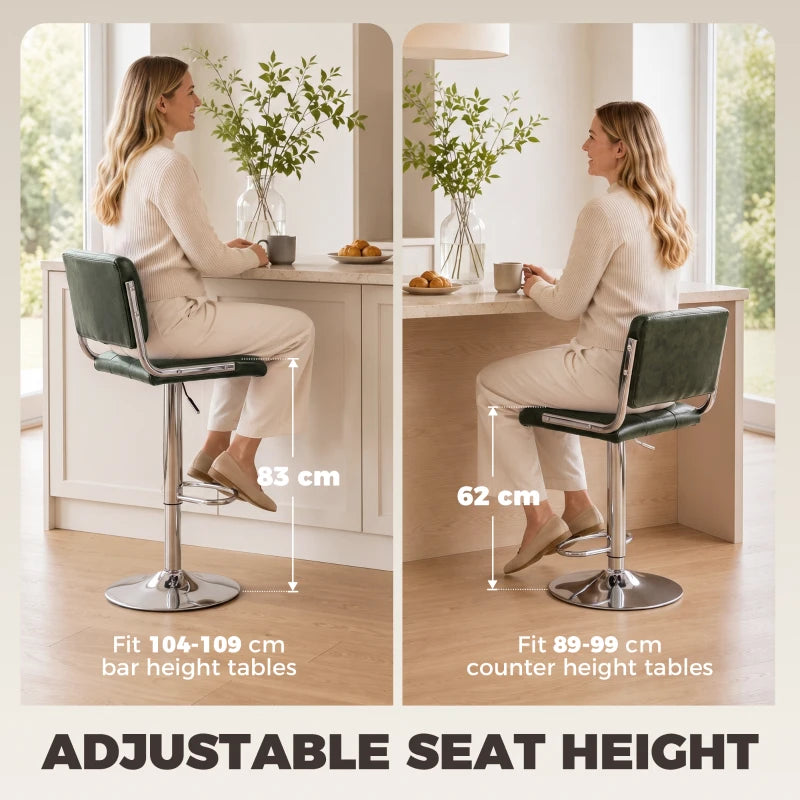 Green PU leather bar stools with backrests, chrome bases, adjustable height for bar or counter