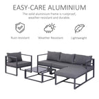 Grey outdoor sofa set with aluminium frame and thick padded cushions