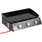 Portable tabletop gas griddle grill with black lid and three front control knobs