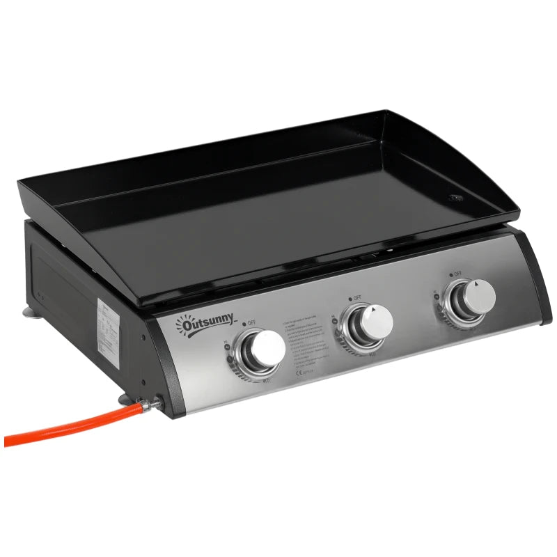 Portable tabletop gas griddle grill with black lid and three front control knobs