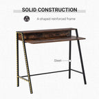 Rustic brown writing desk with A-shaped reinforced black steel frame