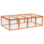 Wooden guinea pig hutch with white mesh wire panels and enclosed run area