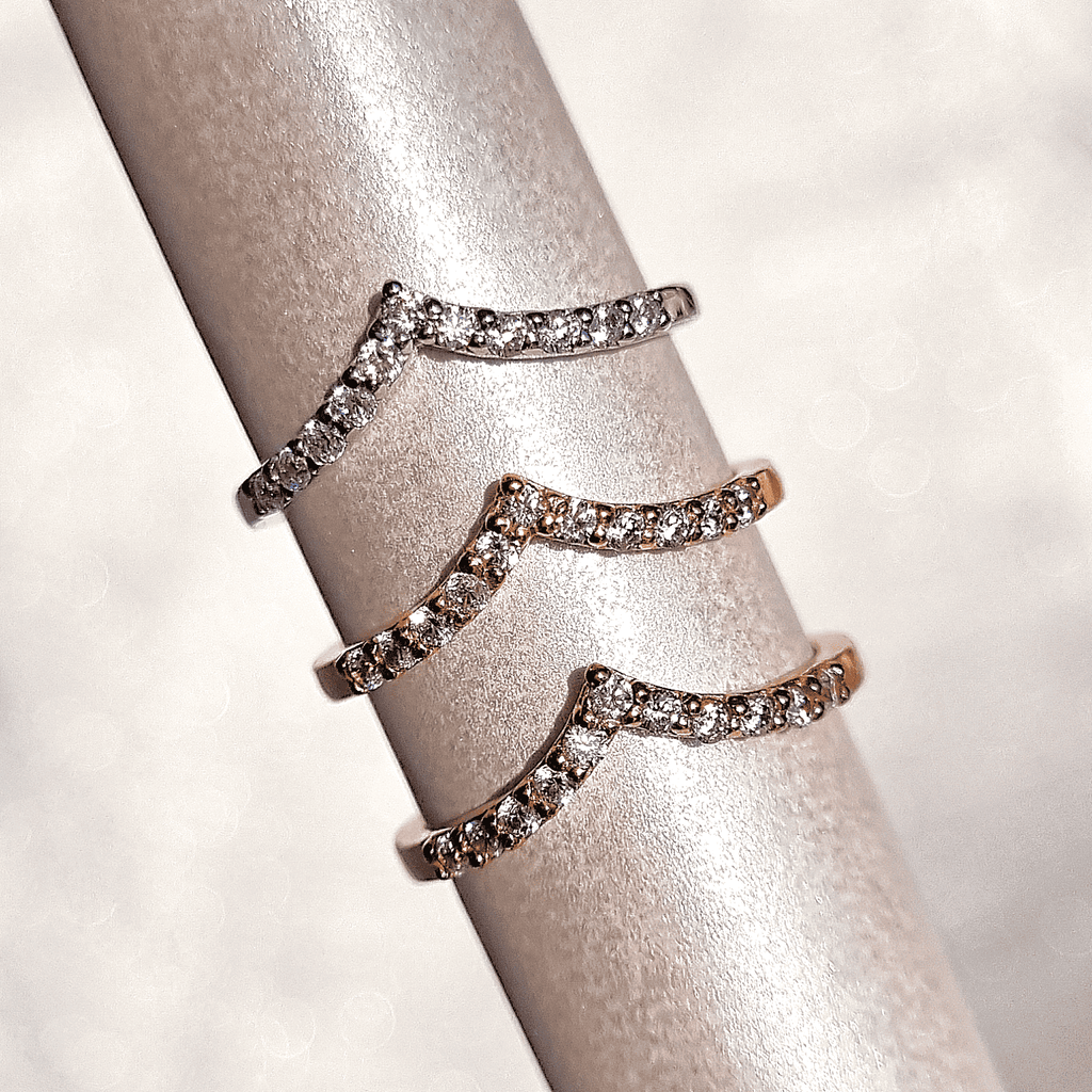 Wishbone curved eternity rings with pavé stones in silver and gold tones