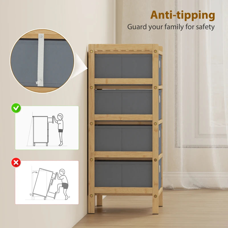 Bamboo-framed narrow dresser with four light grey fabric drawers and safety support