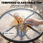 Round bistro table with tempered glass top and water ripples, brown frame