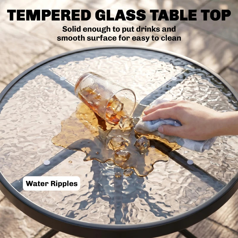 Round bistro table with tempered glass top and water ripples, brown frame