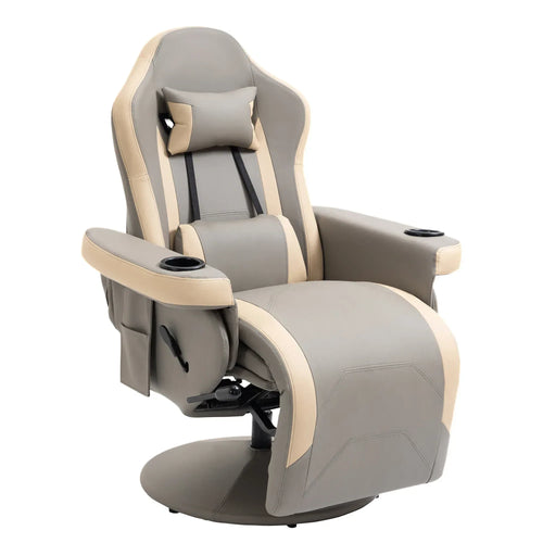 Grey PU leather manual recliner armchair with adjustable leg rest and swivel base