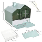 Hooded cat litter tray size diagram with sky blue base, dark green door, and ramp