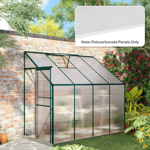 Clear twin-wall polycarbonate greenhouse panels on a metal frame for roof and wall coverage
