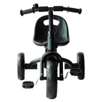 Black tricycle rear view with wide seat, handlebar grips, and treaded wheels