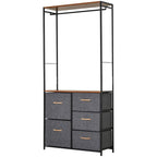 Coat rack chest with black steel frame, brown top shelf, and 5 grey fabric drawers