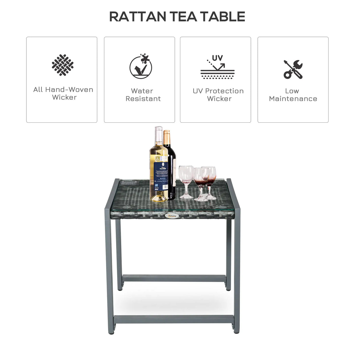Grey rattan tea table with glass top and hand-woven wicker surface