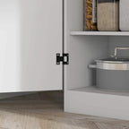 White cabinet door hinge with open lower compartment and built-in shelf