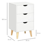 White bedside cabinet with 3 drawers, black pulls, and pine tapered legs