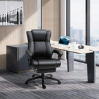 Black PU leather office chair with footrest and curved armrests, swivel base