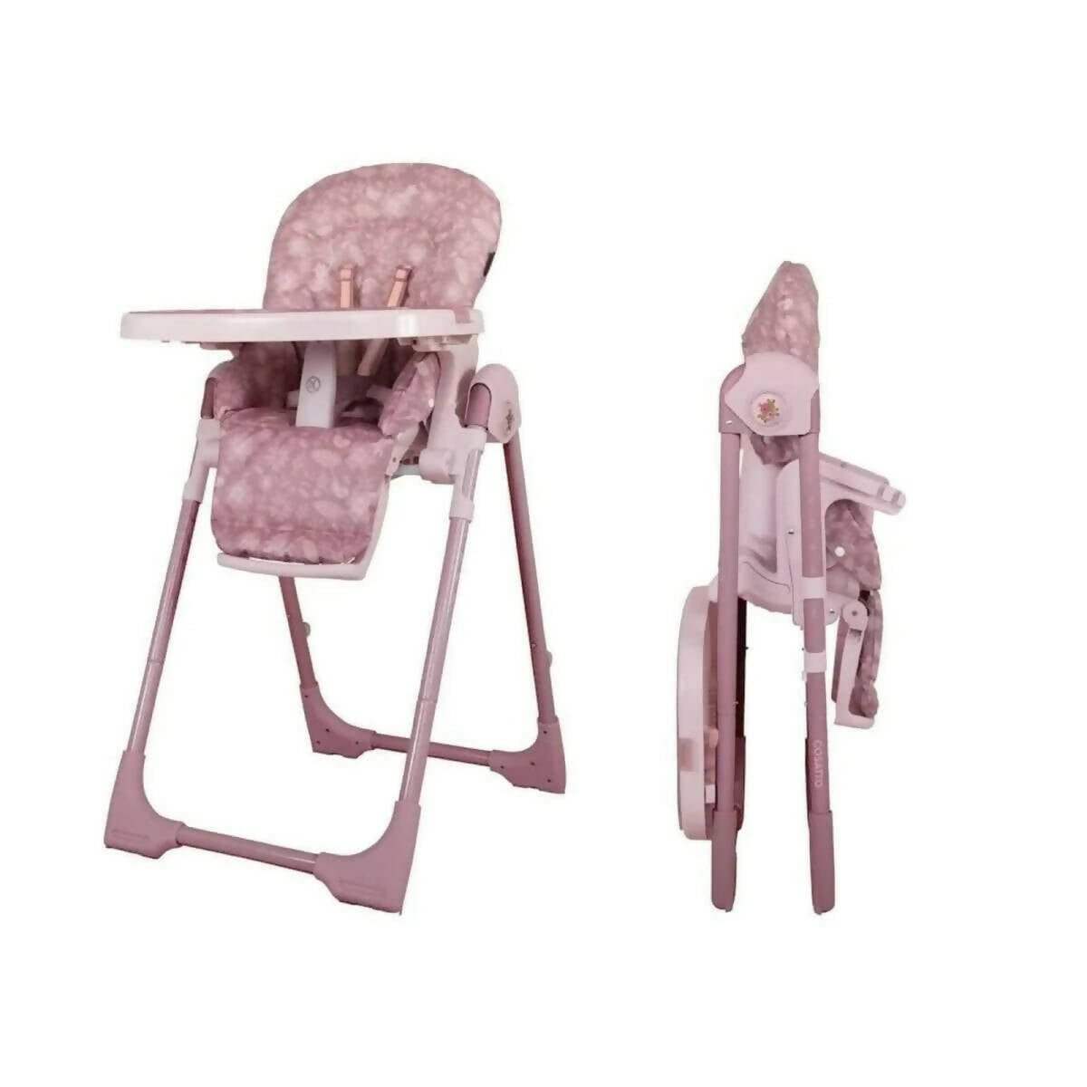 Pink patterned 0+ highchair shown front and side views, tray and padded seat