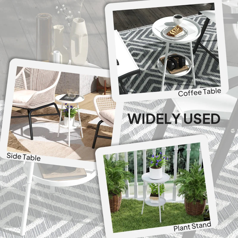 White two-tier round metal side table with lower shelf for storage