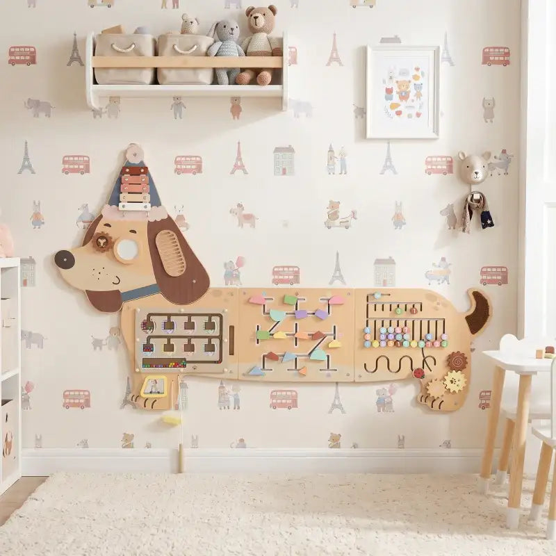 Wooden dachshund busy board wall panel featuring maze, gears, and number beads
