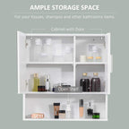 White bathroom mirror cabinet interior with open shelves and multiple compartments