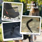 Black pet stroller with zippered mesh window and anti-slip handles