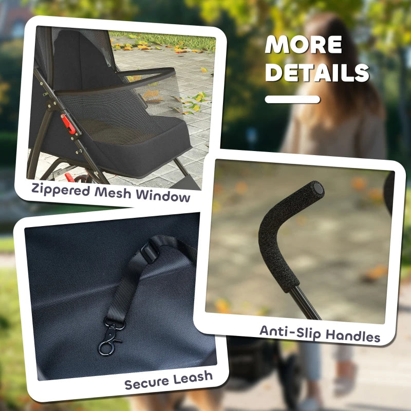 Black pet stroller with zippered mesh window and anti-slip handles